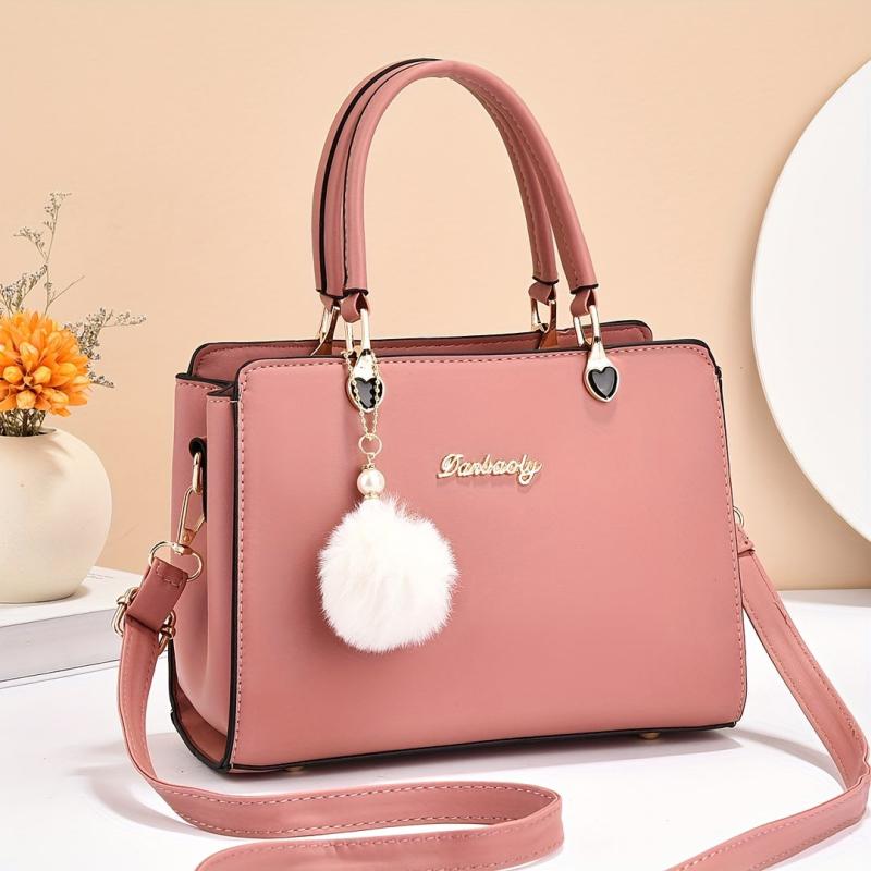 Solid Tote Satchel Bag with Pom Pom