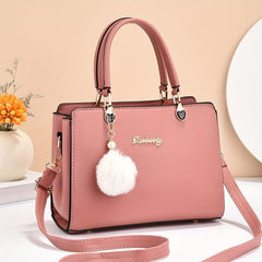 Solid Tote Satchel Bag with Pom Pom