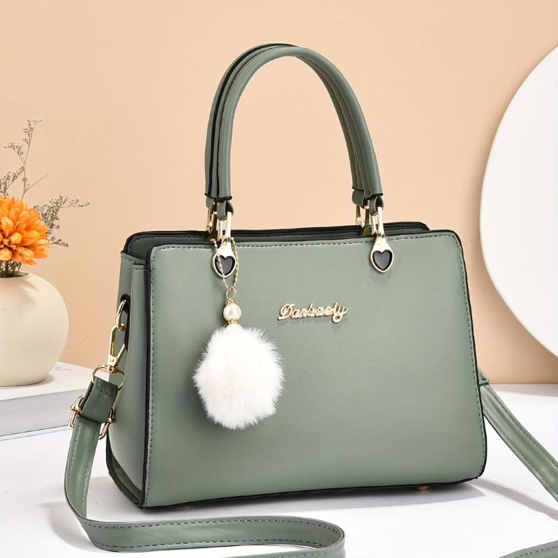 Solid Tote Satchel Bag with Pom Pom