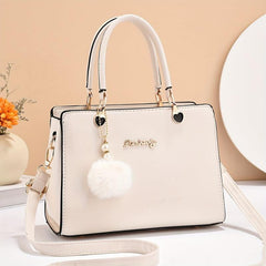 Solid Tote Satchel Bag with Pom Pom