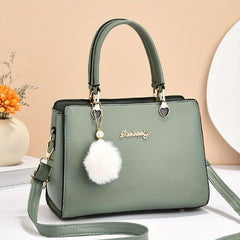 Solid Tote Satchel Bag with Pom Pom