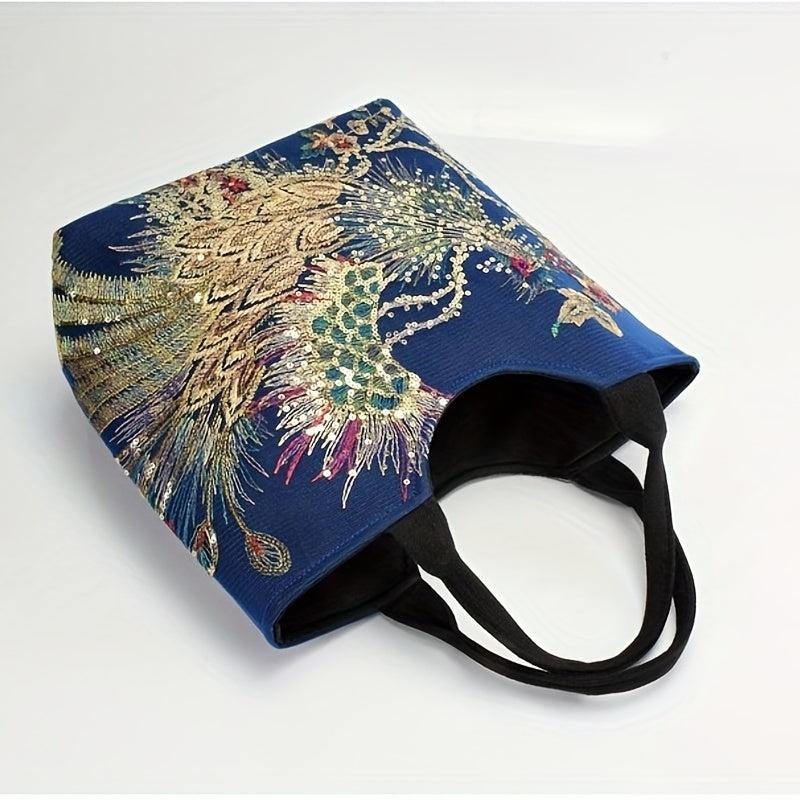 Embroidery Sequin Tote Bag Canvas Peacock Large Capacity Shoulder Bag