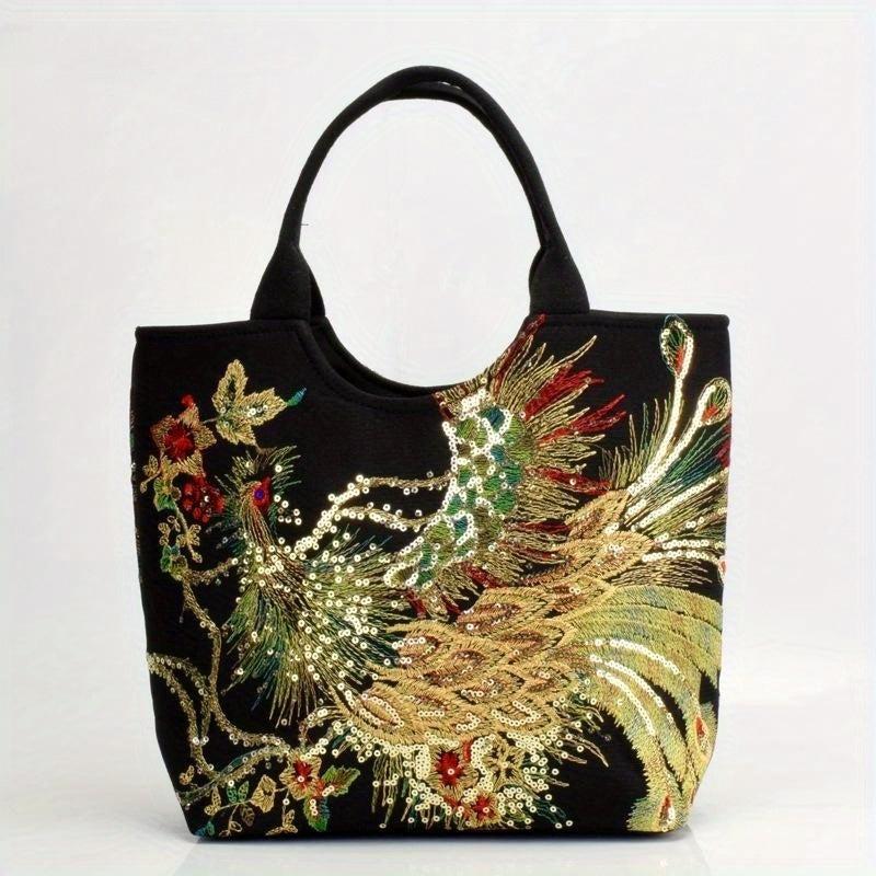 Embroidery Sequin Tote Bag Canvas Peacock Large Capacity Shoulder Bag