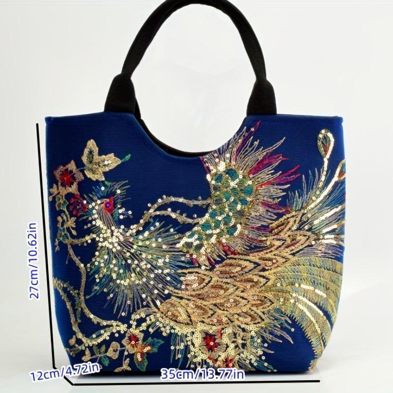 Embroidery Sequin Tote Bag Canvas Peacock Large Capacity Shoulder Bag