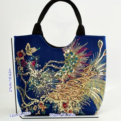 Embroidery Sequin Tote Bag Canvas Peacock Large Capacity Shoulder Bag