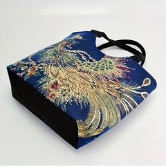 Embroidery Sequin Tote Bag Canvas Peacock Large Capacity Shoulder Bag