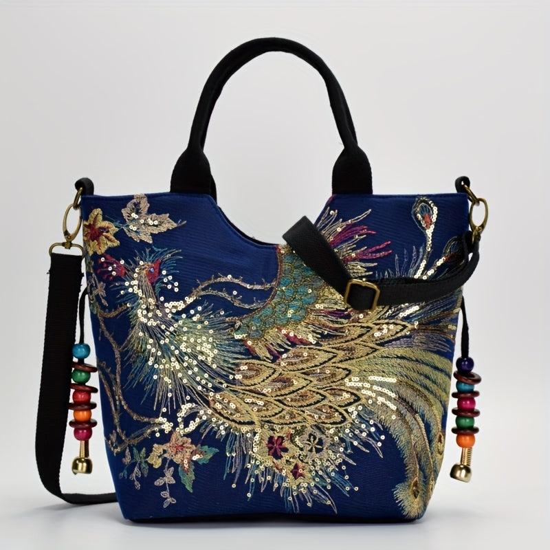 Embroidery Sequin Tote Bag Canvas Peacock Large Capacity Shoulder Bag