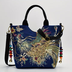 Embroidery Sequin Tote Bag Canvas Peacock Large Capacity Shoulder Bag
