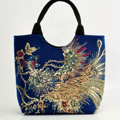 Embroidery Sequin Tote Bag Canvas Peacock Large Capacity Shoulder Bag
