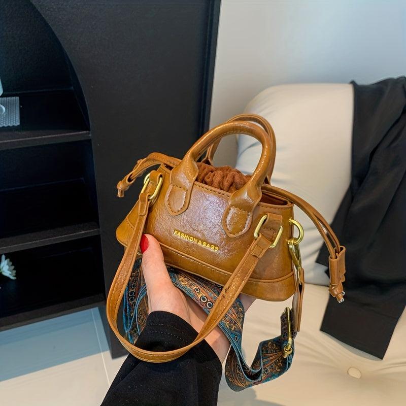 Vintage Drawstring Satchel Bag Solid Retro Crossbody Women's Handbag
