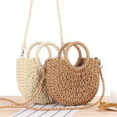 Straw Crossbody Bag Round Handle Summer Beach Bag