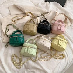 Mini Quilted Chain Crossbody Bag Top Handle Purse Bucket Bag 5x3x5 Inch