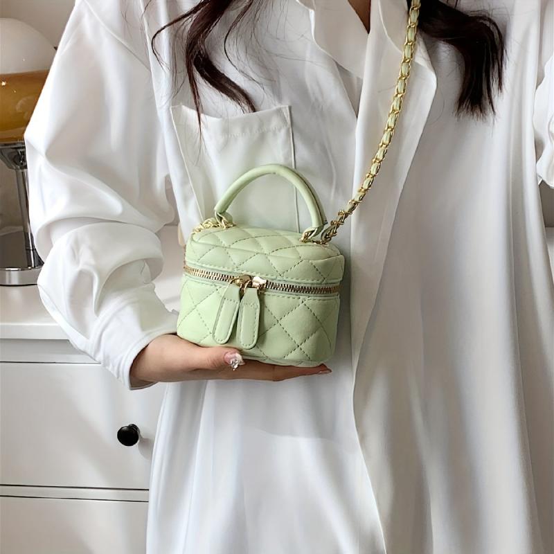 Mini Quilted Chain Crossbody Bag Top Handle Purse Bucket Bag 5x3x5 Inch