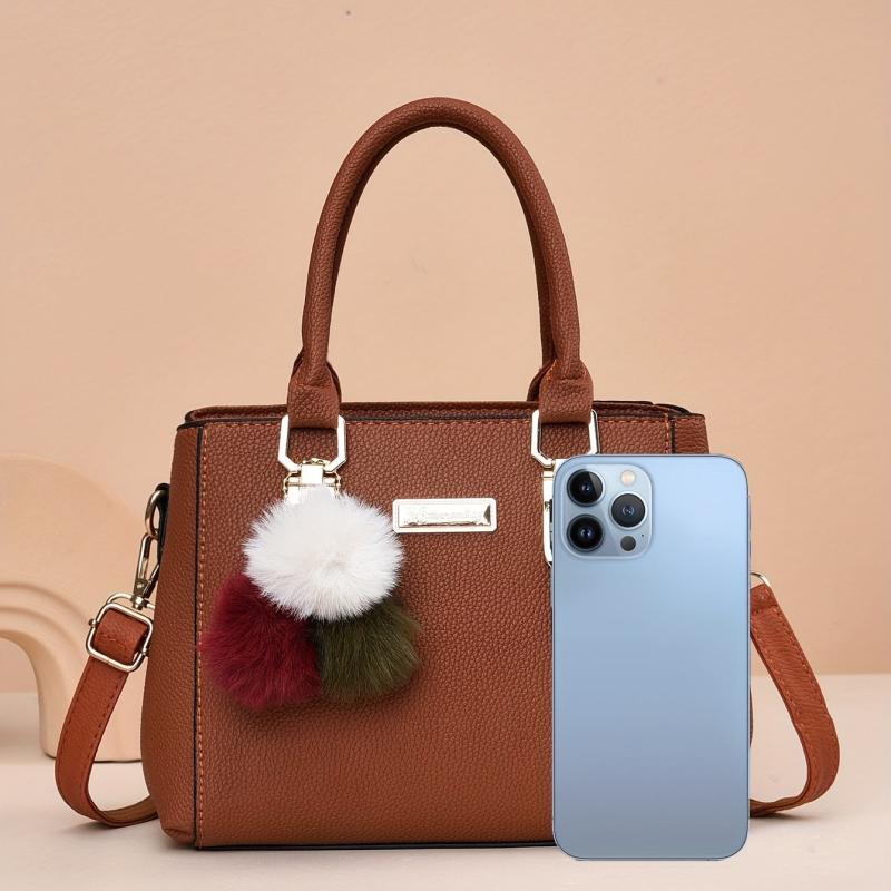 Women's Tote Shoulder Bag Solid Satchel Bag Pom Pom Decor