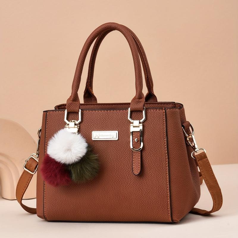 Women's Tote Shoulder Bag Solid Satchel Bag Pom Pom Decor