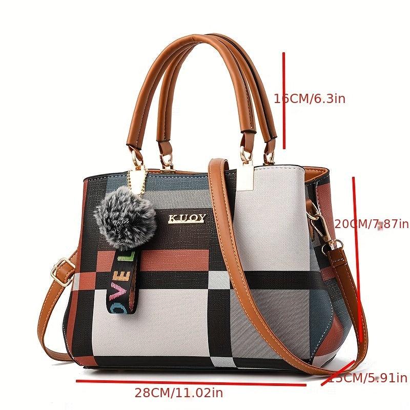 Colorblock Shoulder Bag with Pom Pom Decor