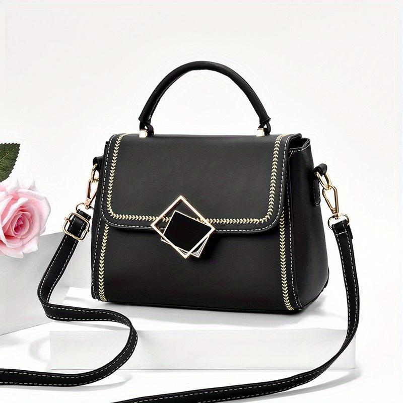 Two Tone Square Handbag Braided Detail Flap Purse Crossbody Bag