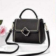 Two Tone Square Handbag Braided Detail Flap Purse Crossbody Bag