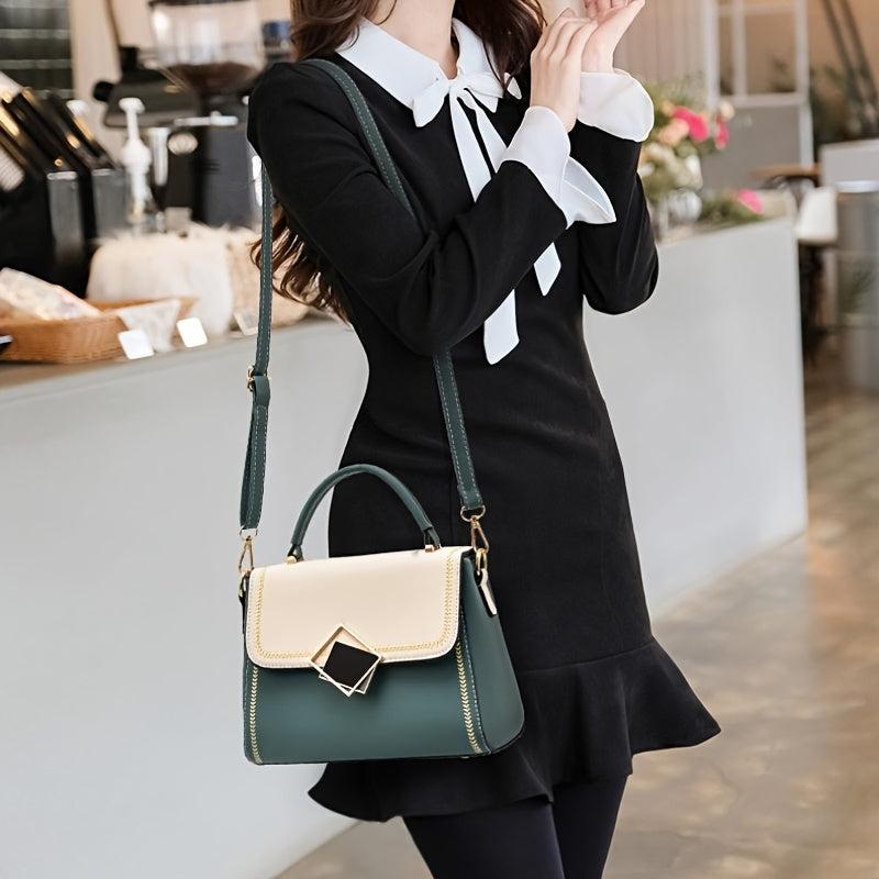 Two Tone Square Handbag Braided Detail Flap Purse Crossbody Bag