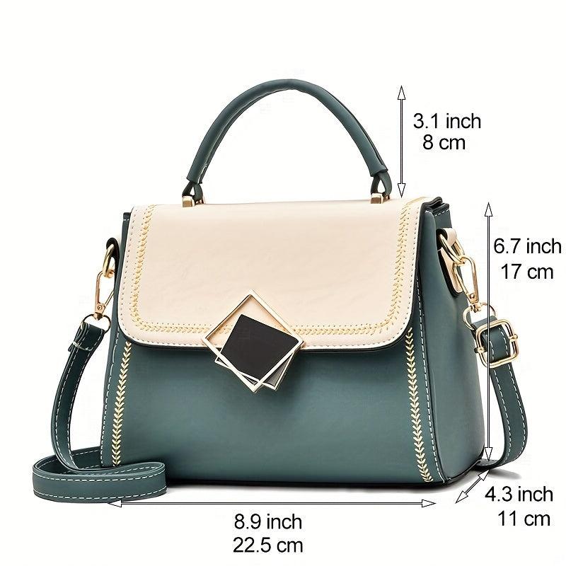 Two Tone Square Handbag Braided Detail Flap Purse Crossbody Bag