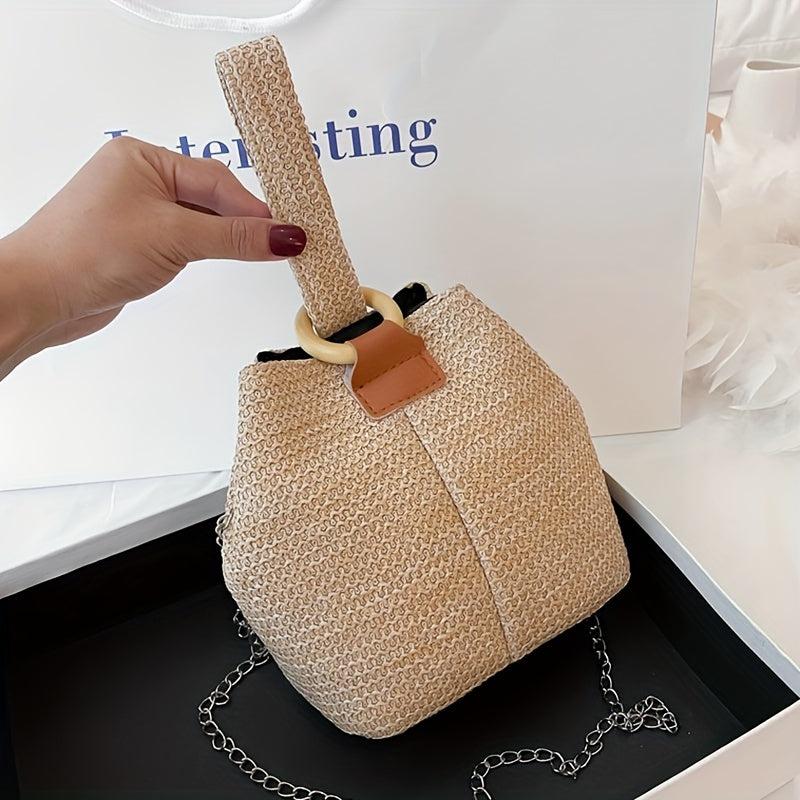 Straw Woven Summer Bucket Bag Rattan Beach Tote Bag Women's Casual Shoulder Purs
