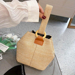 Straw Woven Summer Bucket Bag Rattan Beach Tote Bag Women's Casual Shoulder Purs