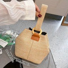 Straw Woven Summer Bucket Bag Rattan Beach Tote Bag Women's Casual Shoulder Purs