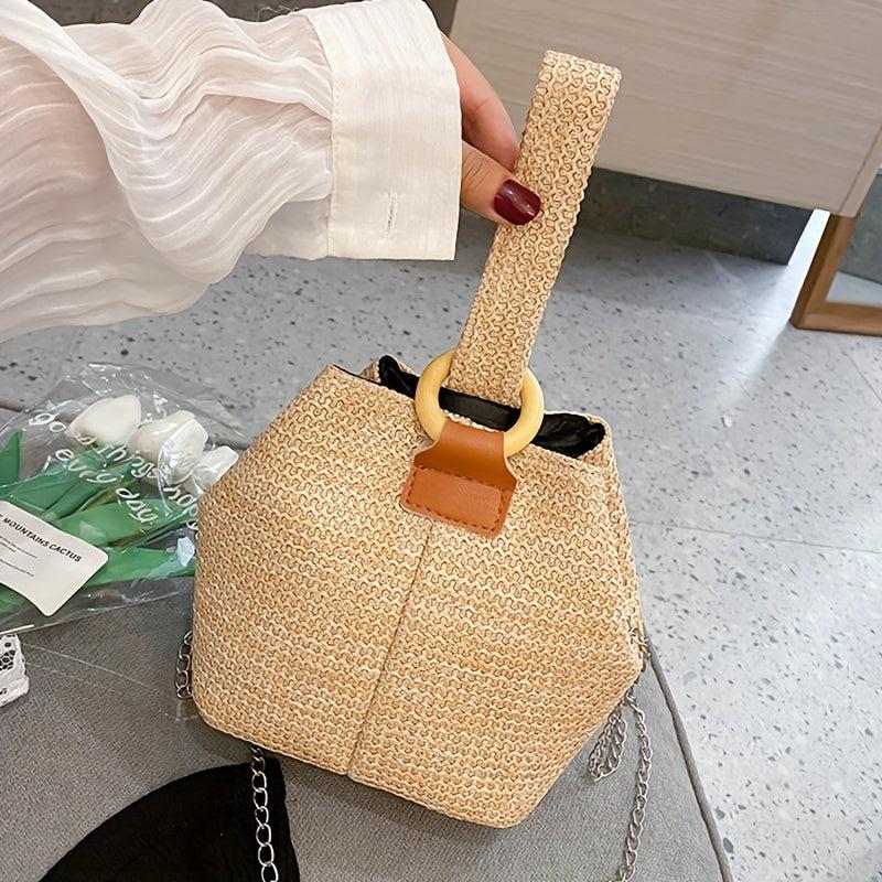Straw Woven Summer Bucket Bag Rattan Beach Tote Bag Women's Casual Shoulder Purs