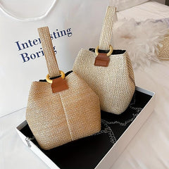 Straw Woven Summer Bucket Bag Rattan Beach Tote Bag Women's Casual Shoulder Purs