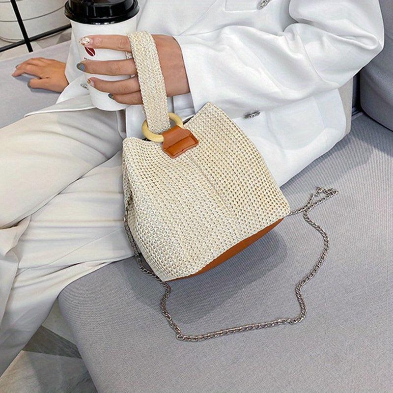 Straw Woven Summer Bucket Bag Rattan Beach Tote Bag Women's Casual Shoulder Purs