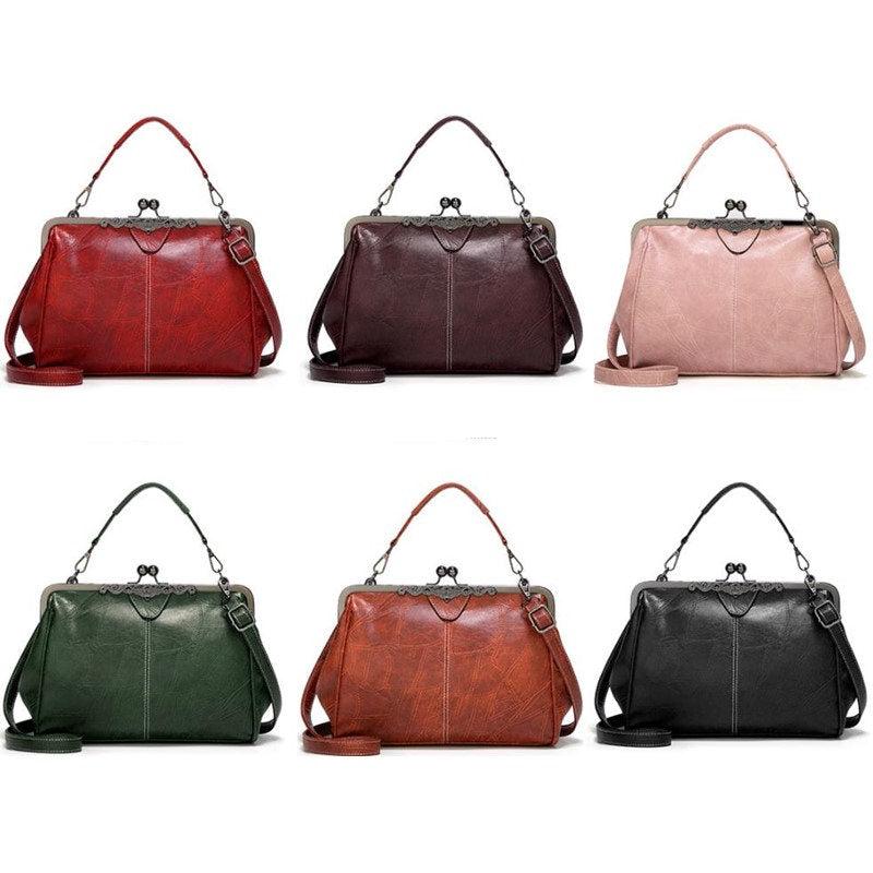 Retro Mini Handbag Women's Faux Leather Top Handle Purse with Kiss Lock