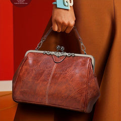 Retro Mini Handbag Women's Faux Leather Top Handle Purse with Kiss Lock
