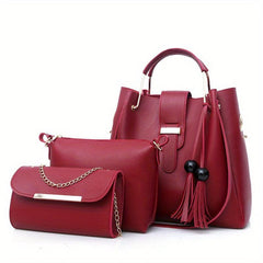 3 Pcs Solid Bag Sets Tote Bag With Crossbody Bag & Shoulder Bag