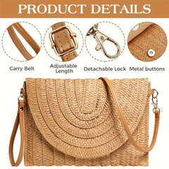 Minimalist Straw Shoulder Bag Solid Woven Flap Bag All Match Purse