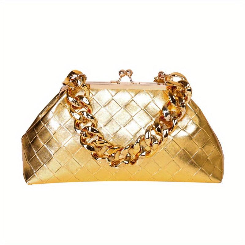 Solid Woven Frame Bag PU Leather Metal Chain Banquet Clutch Bag