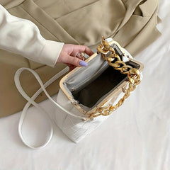 Solid Woven Frame Bag PU Leather Metal Chain Banquet Clutch Bag