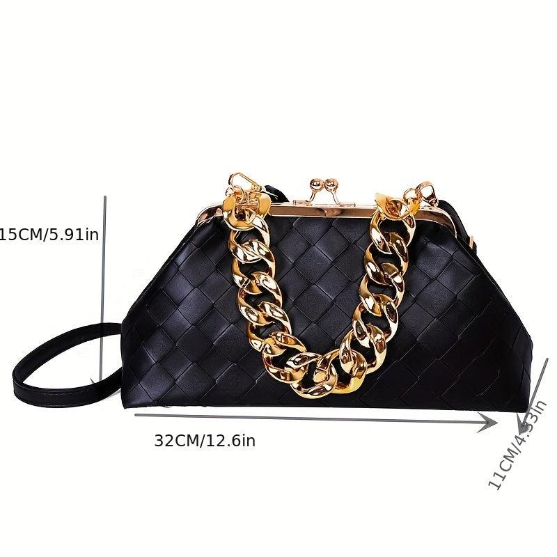 Solid Woven Frame Bag PU Leather Metal Chain Banquet Clutch Bag