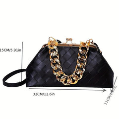 Solid Woven Frame Bag PU Leather Metal Chain Banquet Clutch Bag