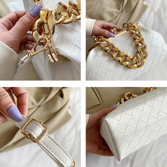 Solid Woven Frame Bag PU Leather Metal Chain Banquet Clutch Bag