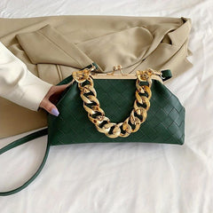 Solid Woven Frame Bag PU Leather Metal Chain Banquet Clutch Bag