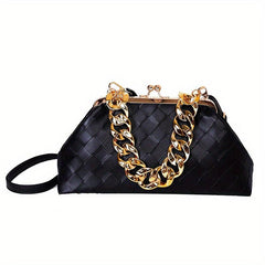 Solid Woven Frame Bag PU Leather Metal Chain Banquet Clutch Bag
