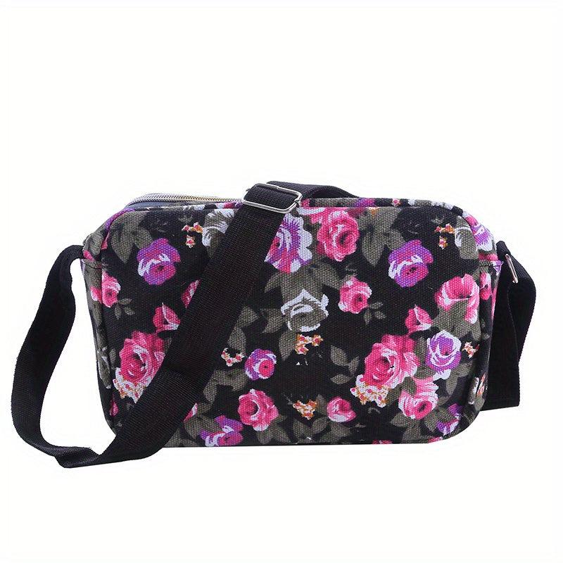 Floral Pattern Crossbody Bag Canvas Shoulder Bag Women's Pockets Purse
