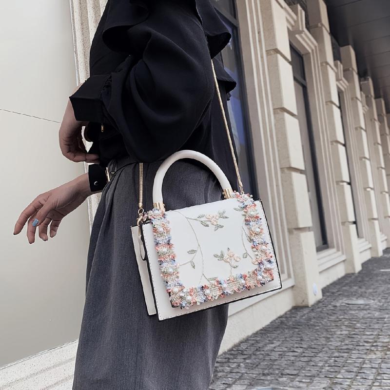 Floral Embroidered Crossbody Bag Faux Pearl Chain Purse
