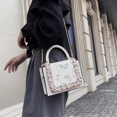 Floral Embroidered Crossbody Bag Faux Pearl Chain Purse