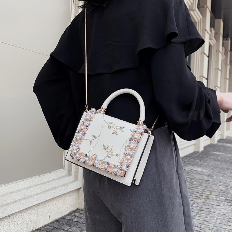 Floral Embroidered Crossbody Bag Faux Pearl Chain Purse