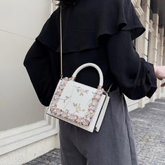Floral Embroidered Crossbody Bag Faux Pearl Chain Purse