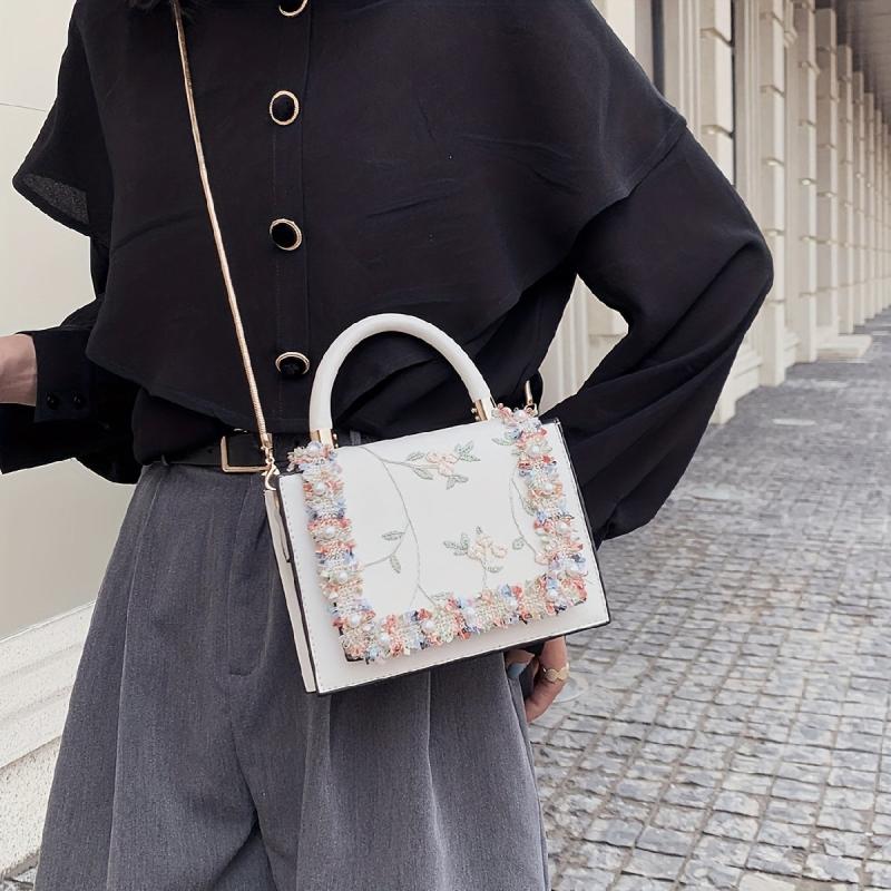 Floral Embroidered Crossbody Bag Faux Pearl Chain Purse