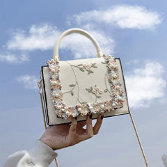 Floral Embroidered Crossbody Bag Faux Pearl Chain Purse