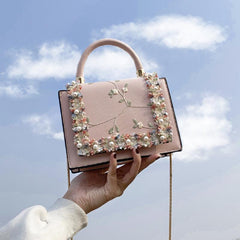 Floral Embroidered Crossbody Bag Faux Pearl Chain Purse
