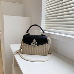 Square Straw Box Bag Metal Decor Shoulder Purse Crossbody Handbag
